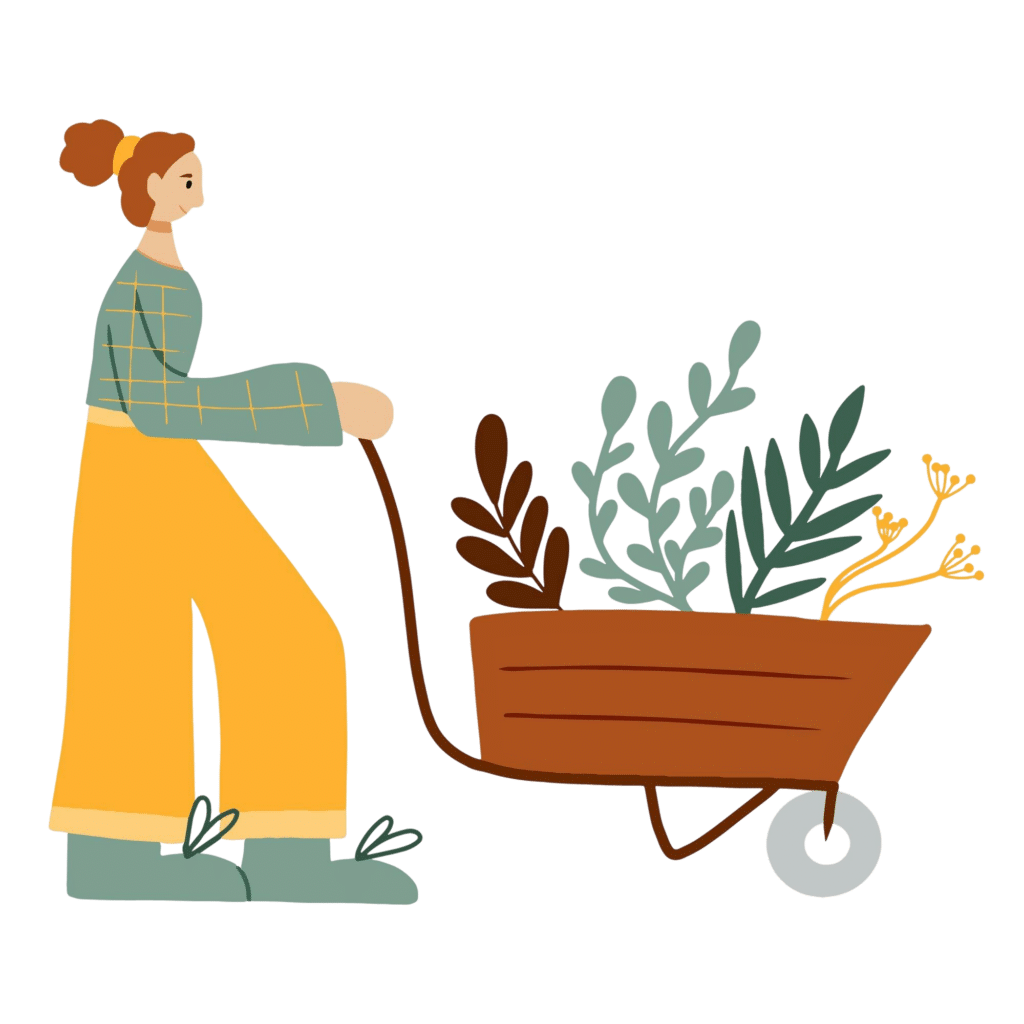 vector illustration girl with garden wheelbarrow woman is driving wheelbarrow with plants gardening concept vector illustration